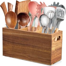 Acacia Wood Utensil Holder Organizer for Counter - Large Wooden Utensil Caddy for Countertop - 3 Compartment Cooking Tool Holder for Spatula - for Far