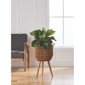13 Inch Round Brown Resin Rattan Planter Stand with Acacia Wood Legs