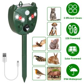 Outdoor Solar-Powered Ultrasonic Deterrent Device, 5 Functional Modes with Ultrasonic, Alarm Tone and Strobe Light, 120Â° PIR Sensor
