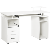 White computer desk with keyboard stand and drawers, home office workstation, desk organization