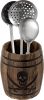 Rustic Burnt Wood Pirates Rum Cask Style Kitchen Utensil Crock, Vintage French Wine Barrel Cooking Tools Holder with Skull and Cutlass Sword Design