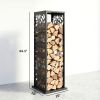 15 Inch Firewood Rack Outdoor Indoor, Cutout Galvanized Steel Firewood Holder with Hooks, Adjustable Pads, Black