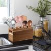 Acacia Wood Utensil Holder Organizer for Counter - Large Wooden Utensil Caddy for Countertop - 3 Compartment Cooking Tool Holder for Spatula - for Far