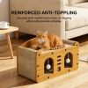 Cat Scratcher House with Bed and Hanging Pom-Pom Toy, Wooden Cat Cave with Corrugated Scratching Board