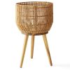 13 Inch Round Brown Resin Rattan Planter Stand with Acacia Wood Legs