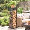 15 Inch Firewood Rack Outdoor Indoor, Cutout Galvanized Steel Firewood Holder with Hooks, Adjustable Pads, Black