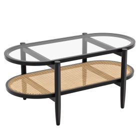 2-Tier Coffee Table with Tempered Glass Tabletop and Acacia Wood Frame (Color: Black)