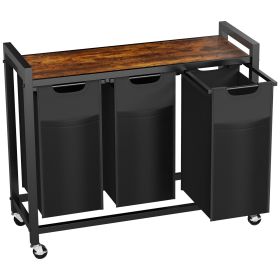 Laundry Hamper with 3 Pull-Out Removable Laundry Bags Clothing Sorter with Shelf and Wheels(Adjustable feet)3 x 8.6 Gallons (32.5 Liters) (size: 3 Baskets)
