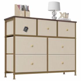 7-Drawer Fabric Dresser with Solid Wood Top, Tall Storage Chest for Bedroom, Living Room, Or Entryway, Ideal As a Tower Cabinet, Hallway Organizer (Color: Khaki)
