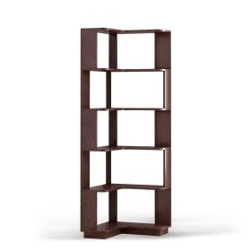 6 Tier Freestanding L-Shaped Corner Bookshelf For Living Room, Bedroom, Wooden Bookcase with anti-drop panle & anti tipping device, Display shelf Open (Color: Oxblood Red)