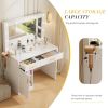 Mirror and Lights, Makeup Vanity Table with Charging Station , 2 Drawers & Large Cabinet, 3 Lighting Color Adjustable, Dressing Table